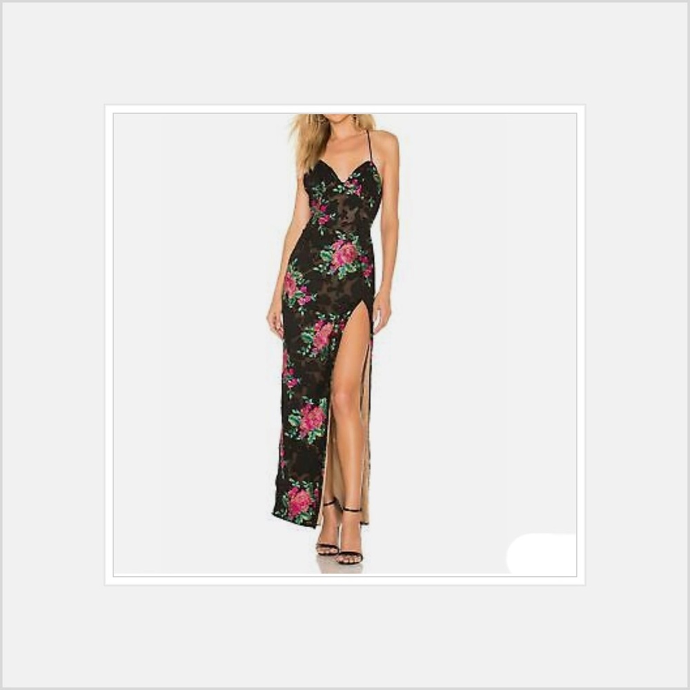 Michael Costello X Revolve floral gown in black/fuchsia lace with high slit